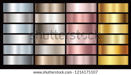 Gold rose, bronze, silver and gold foil texture gradation background set. Vector golden elegant, shiny and metalic gradient collection for chrome border, frame, ribbon, label design Royalty-Free Stock Photo #1216175107