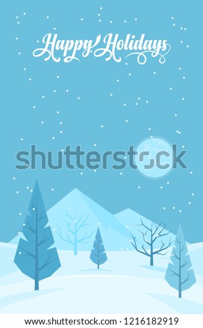 Winter abstract landscape with text Happy Holidays. Flat forest woods with mountains