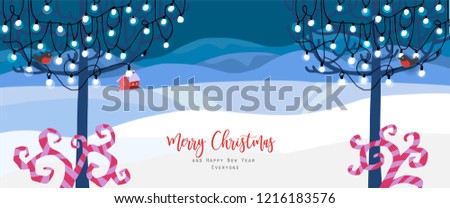 Vector illustration. Winter snowy landscape with trees, house, lights and garland. Cute hand drawn cartoon doodle style. Holidays banner, poster, card. Calligraphy greetings Merry Christmas