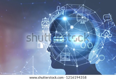 Side view of businessman head over blurred office background with computer and internet icons in hud. Toned image double exposure mock up