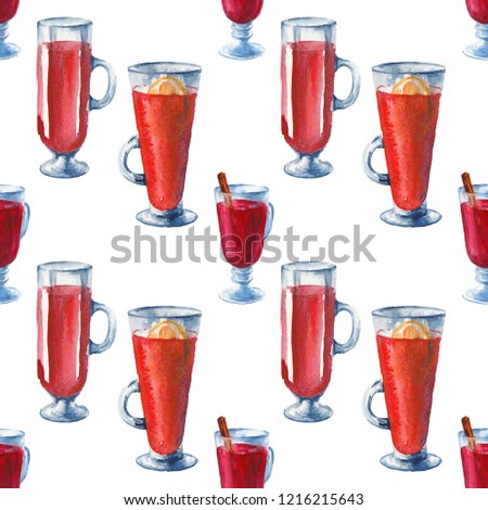Watercolor mulled wine glasses seamless pattern