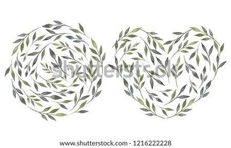 Watercolor hand-drawn circle and heart shaped templates with abstract leaves. Elegant botanical collection. For design, wedding, card, invitation, logo, packing and more