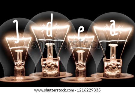 Photo of light bulbs with shining fibre in IDEA shape on black background