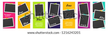 Editable Bright Social Network Stories Template Set with Photo Frames and Adhesive Tapes, Color Stickers for Sale. Vector mock up, Multicolored Story Collection. Royalty-Free Stock Photo #1216243201