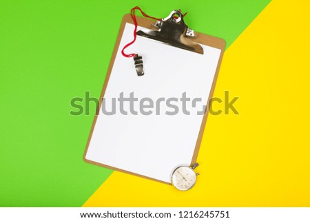 Mockup clipboard with Gym equipment dumbbell on yellow background