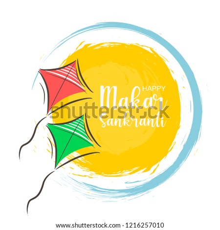 Celebrate Makar Sankranti background with colorful kites and sun.