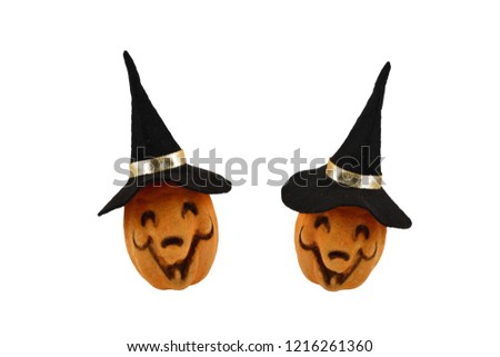 Happy Halloween Pumpkin stock images. Haloween pumpkin isolated on a white background. Pumpkin with a witch hat