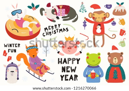 Big set with cute animals doing winter, Christmas activities, typography. Isolated objects on white background. Hand drawn vector illustration. Scandinavian style flat design. Concept for kids print.