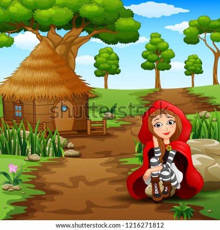 Red hooded girl are in the village at forest