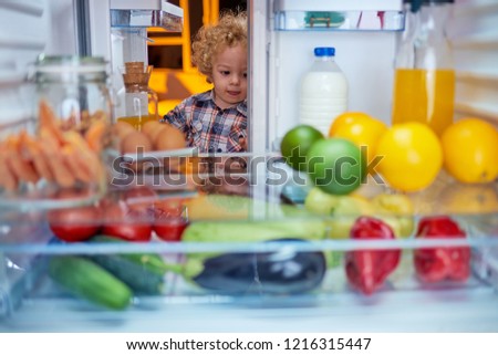 Toddler peeking in the fridge full of groceries and looking something to eat. Picture taken from the inside of fridge.