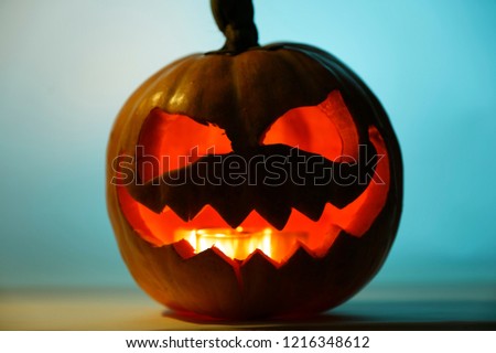 Halloween pumpkin with fire and shadow of a black cat. Halloween or is a celebration observed in a number of countries on 31 October, the eve of the Western Christian feast of All Hallows' Day.
