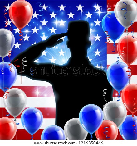 Saluting soldier with an American flag red, white and blue balloon background design graphic