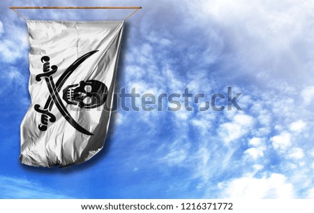 Flag of Pirates white. Vertical flag, against blue sky with place for your text