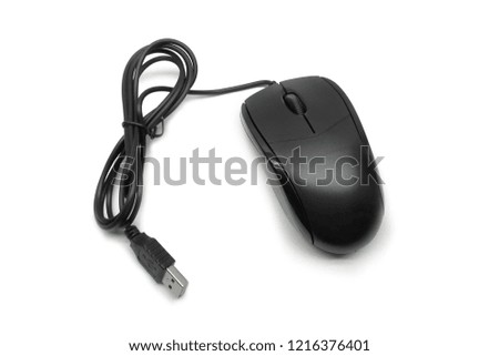 Computer mouse of black color with glossy inserts with a USB cable on a white background