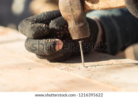 construction, hammering nails with a hammer in a Board