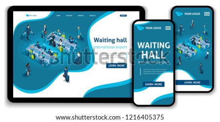 Website Template Landing page Isometric concept Passengers in the Waiting Room, International Airport, business trip. Easy to edit and customize, adaptiive ui ux.
