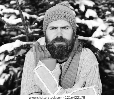 Warming drinks concept. Macho with beard and mustache freeze on winter day. Man wears knitted hat, scarf and gloves. Guy holds cup or mug with firtrees covered with snow on background, defocused.