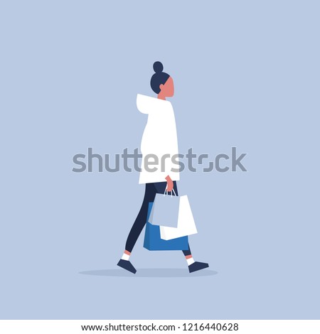 Young female character holding a bunch of paper bags. Shopping. Millennial consumer. Flat editable vector illustration, clip art