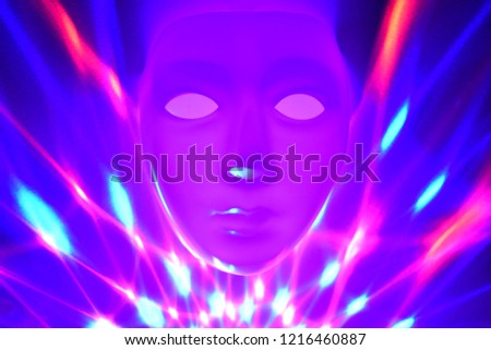 Color abstract face stock images. Blue dramatic mask. Plastic human mask 