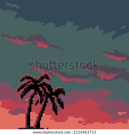 Pixel background futuristic landscape retro style.  Pixel palms. Pixel art. 8 bit