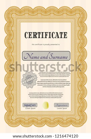 Orange Certificate template. Money Pattern. Easy to print. Customizable, Easy to edit and change colors. 