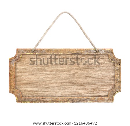 empty wooden sign frame with lope for hang on white background with clipping path