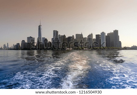 panoramic view of the downtown New York City skyline seen from the ocean