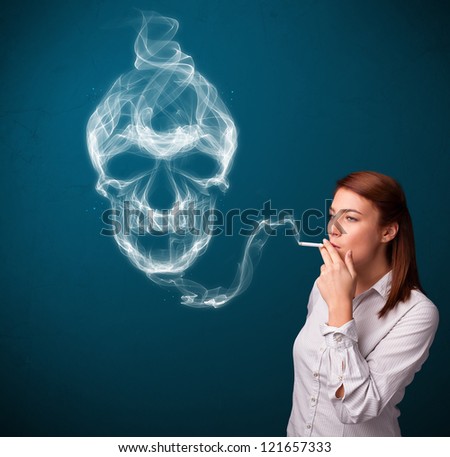 Pretty young woman smoking dangerous cigarette with toxic skull smoke