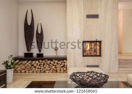 Travertine house: interior of comfortable contemporary living room Royalty-Free Stock Photo #121658065