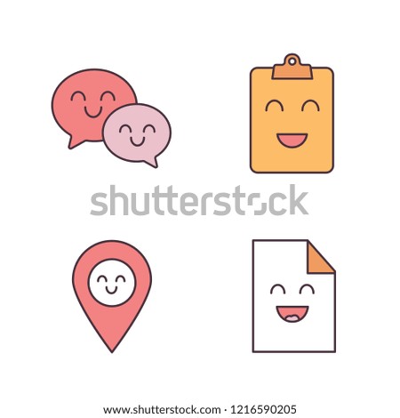 Smiling items color icons set. Characters. Happy speech bubbles, clipboard, map pinpoint, file. Isolated vector illustrations