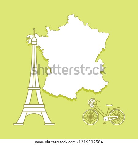 Map of France, famous tower of Paris, bicycle with a basket of flowers. Travel and leisure.
