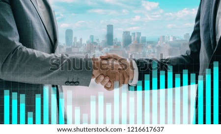 Double exposure worker hand shake teamwork brainstorming with innovation business. concept success investment.Business People Handshake Greeting Deal Concept.