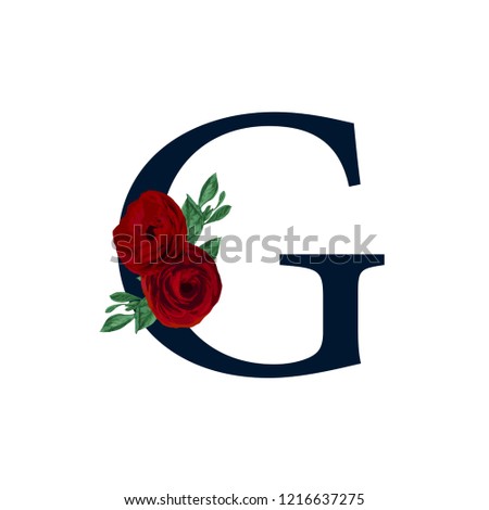 Floral Alphabet - Navy blue color Monogram initial letter G with Bordeaux 
rose and peony flowers bouquet composition for wedding and invite cards. 