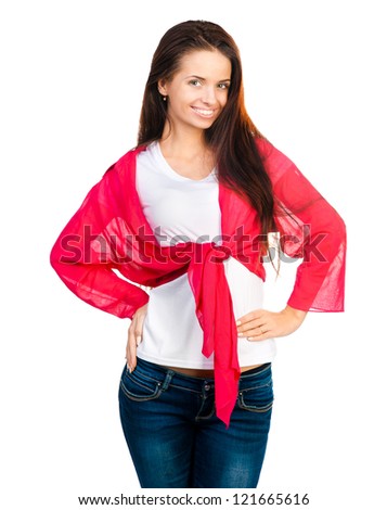 smiling girl looking at the camera on a white background