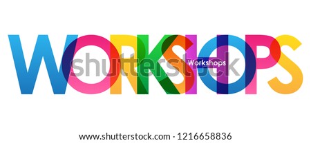 WORKSHOPS rainbow letters banner Royalty-Free Stock Photo #1216658836