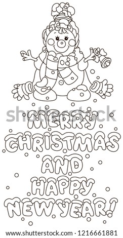 Merry Christmas and happy New Year. Greeting card with a funny snowman friendly smiling. Black and white vector illustration
