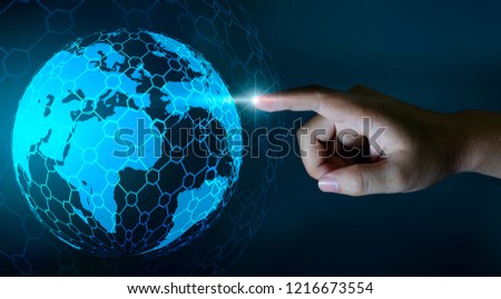 World Map In the hands of a businessman network technology and communication Space input data