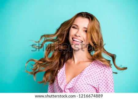 Dreamy carefree careless lovely cute sweet gorgeous nice lady in pink wear with her hairdo she make beaming toothy smile isolated on shine turquoise background