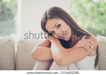 She her people person recreation pure spirit soul concept. Close up photo portrait of adorable cheerful with grinning beaming toothy teeth smile lady leaning on legs looking at camera