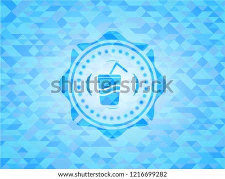 soda icon inside light blue emblem with mosaic background