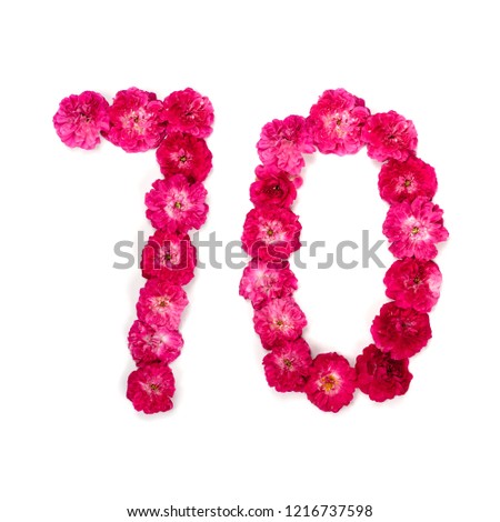 number 70 from flowers of a red and pink rose on a white background. Typographical element for design. Flower numbers, date, isolate, isolated