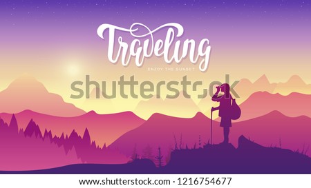 Tourist traveler with binoculars at sunset. Extreme hike in the wild illustration. Mountain view of nature vector.  mountaineering sport lifestyle concept. Active hiker enjoying 