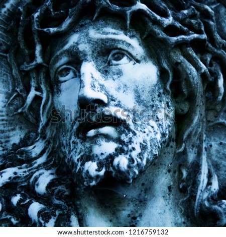 Marble antique beautiful statue  of suffering of Jesus Christ crown of thorns. Religious tradition. 