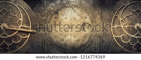 Ancient astronomical instruments on vintage paper background. Abstract old conceptual background on history, mysticism, astrology, science, etc. Retro style. Royalty-Free Stock Photo #1216774369