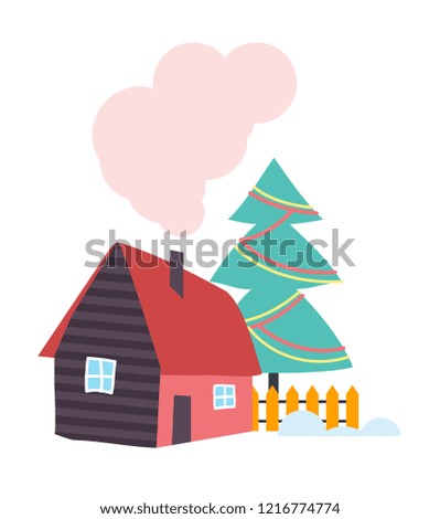 Country house with chimney, wooden fence and decorated Christmas tree vector isolated. Wintertime cottage home with smoke from pipe, winter pattern