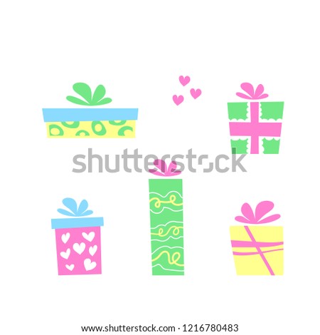 Vector illustration, colorful gift boxes set on white background. Can be used for greeting cards, stickers, promotion, banners. Colors: light yellow, pink, mint, green, blue.