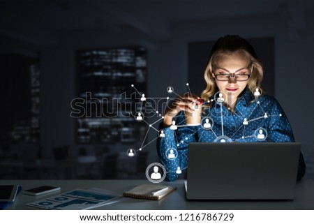 Beautiful girl looking in glowing laptop screen. 3d rendering