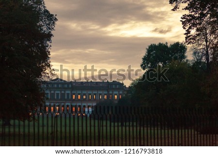 Royal Villa of Monza at sunset, autumnal evening, Italy