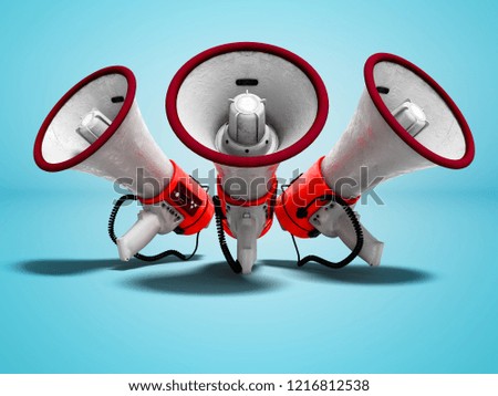 Modern red portable loudspeaker raised up for speech 3d render on blue background with shadow