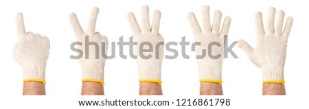 Set of - worker showing gesture. Male hand wearing working cotton glove counting from one to five, isolated on white background.